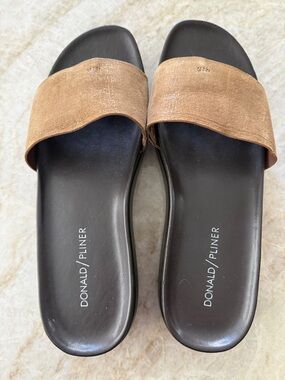 Donald J. Pliner Brown Suede Slide Sandals with Black Footbed